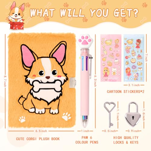 Corgi Diary with Lock, Dog Gift Set for Girls Ages 6-8 - style: Corgi