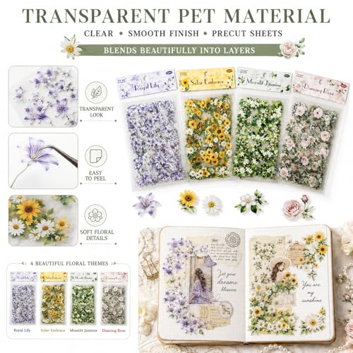 24 Sheets Transparent Flower Stickers for Scrapbooking, 4 Pack Precut PET Floral Stickers for Journaling, Watercolor Flower Style for Junk Journal Supplies, Planner, Collage and Card Making - color: Botanical Vine & Garland