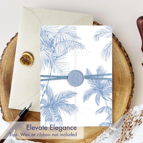 50 Pack Pre-Folded Vellum Jackets for 5x7 Invitations,AZAZA Elegant Translucent Invitation Sleeves,115GSM Vellum Jackets 5x7, Wedding Invitation Accessories, for Weddings Birthdays,Blue Palm Tree - color: 50Pack--Blue Palm Tree