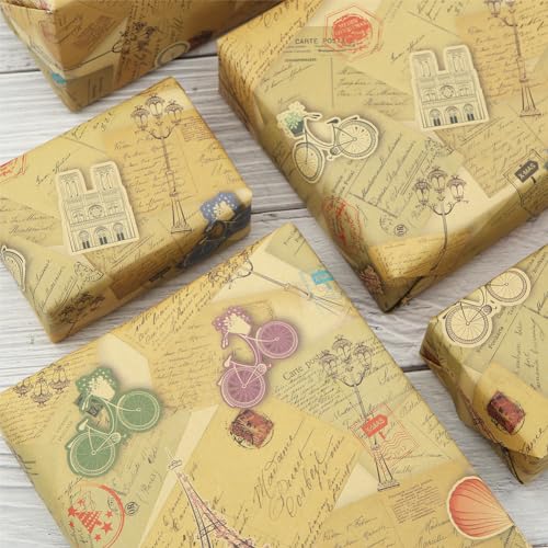 Geluode Vintage Wrapping Paper, Eiffel Tower Church Postcard Bike Romantic Balloon, 6 Sheets Gift Wrap Paper, Flower Gift Wrap for Wedding, Birthday, Bridal Showers, Valentine's Day, Mother's Day