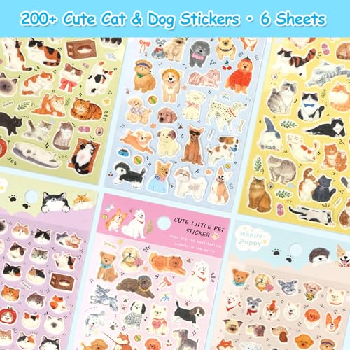 Cute Cat & Dog Washi Sticker Sheets for Scrapboooking & Journaling | 200+ Kawaii Kitties & Puppy Planner Stickers,6 Small Sheets for Adults Bullet Journals, Diariees , Stationery