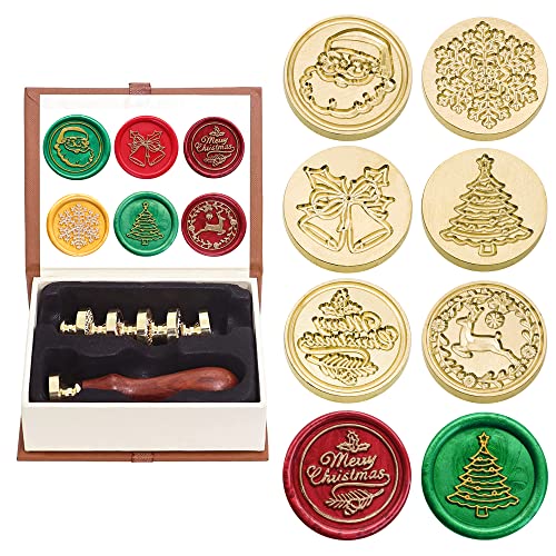 SWANGSA Wax Seal Stamp Set, Vintage 6 Pieces Christmas Sealing Wax Stamp Heads with 1 Wooden Handle for Christmas Gifts Party Invitations Cards (Christmas Set) - style: Christmas Series