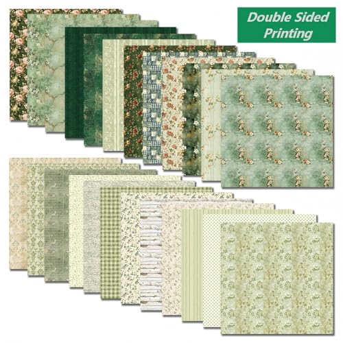 Boho Scrapbook Paper 12x12 - 24 Sheets Flower Patterned Cardstock Paper Pads,Coloured Double-Sided Decorative Craft Papers Pack for Scrapbooking, Junk Journaling, and Card Making (Vintage Green) - color: Vintage Green