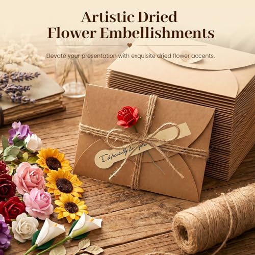 JOHOUSE 50PCS Gift Card Envelopes with Dried Flowers, 4 X 2.8 inch | Each Set Includes A Blank Card, Kraft Envelope, Flower, Sticker and Jute Rope for Personal Notes - color: Holiday Cards Dried Flowers Greeting Cards