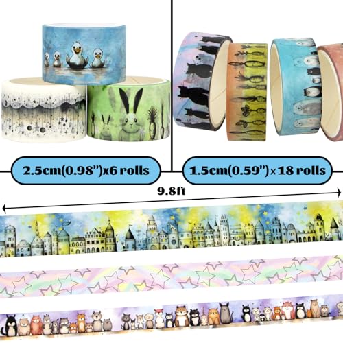 Kawaii Washi Tape Set 24 Rolls - Cute Animals for Scrapbook Journal Craft | 24 rolls cute animal designs, 1.5cm & 2.5cm widths, 3m each, easy tear, no residue, kawaii scrapbook & journal decor