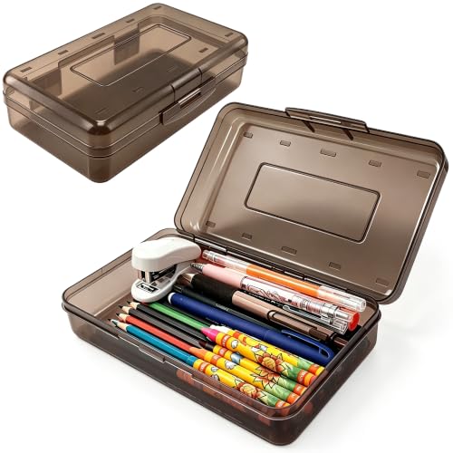 Pencil Box,Hard Plastic Pencil Box Large Capacity Crayon Case,Organizer Plastic Containers with Snap Lid, Stackable Storage Boxes for Art Craft Office & Classroom Back to School Supplies, Black - color: Black