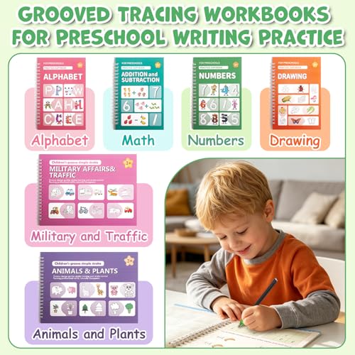 Grooved Writing Books for Kids 3-5 Preschool, Reusable Tracing Workbook with Disappearing Ink, Magic Grooved Handwriting Practice, Alphabet, Numbers and Pencil Control Practice