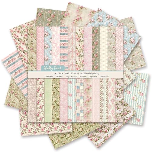 Boho Scrapbook Paper 12x12 - 24 Sheets Flower Patterned Cardstock Paper Pads,Coloured Double-Sided Decorative Craft Papers Pack for Scrapbooking, Junk Journaling, and Card Making (Shally Pink) - color: Shally Pink