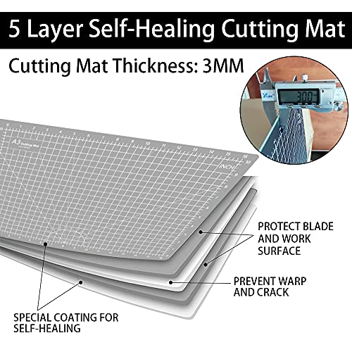 Headley Tools 18"x12" Thickened Self Healing Cutting Mat, A3 Rotary Cutting Sewing Mat for Crafts, Double Sided 5-Ply Table Cutting Board for Fabric Quilting Leather Hobby Project, Grey/Black - color: Grey/Black, size: 18"L x 12"W