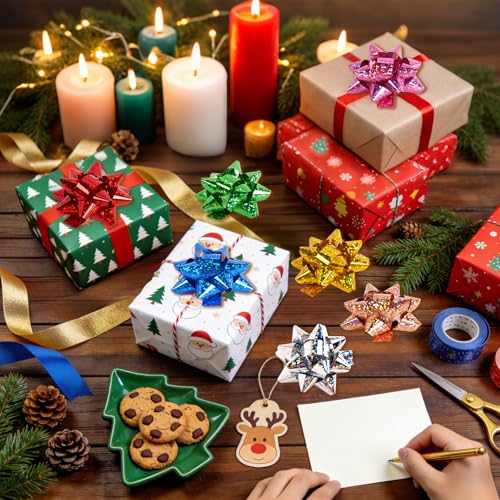 100Pcs 1" Mini Gift Bows and 14 Rolls Curling Ribbon Set, Laser Wraping Bows Ribbons for Gift Wrapping, Party, Festival, Crafting, Wedding - color: Laser, size: 1'' 100 Pcs Gift Bows with 14 rolls Ribbons