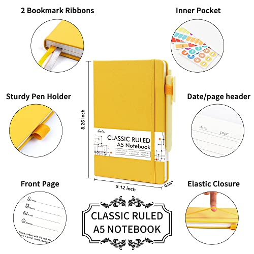 feela 18 Pack Journal Notebook for Work, Business Notebook Bulk Hardcover Lined Writing Journal with Pen Holder for Men Women Note Taking, with 18 Black Pens, 120 GSM, 5.1”x8.3”, A5, Yellow - color: 18 Yellow