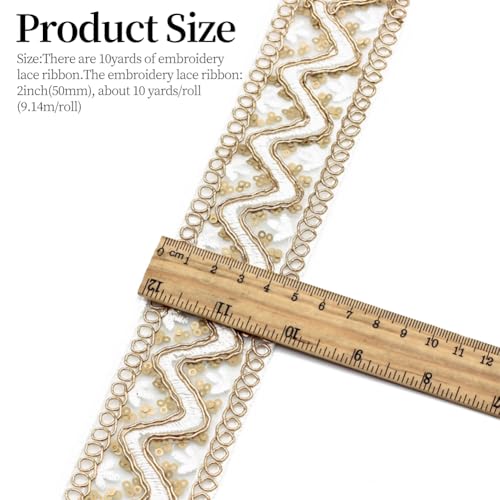 10 Yards 2 Inch Gold Sequin Lace Trim Embroidery Sequins Ribbon White Organza Metallic Vintage Transparent Beaded Edge Ribbon for Sewing Making Craft Wrapping Wedding Christmas Decor Supply - color: White,golden