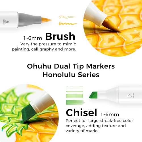 Ohuhu Alcohol Markers 48 Colors Brush& Chisel for Adults Cozy Coloring - style: Chisel & Brush