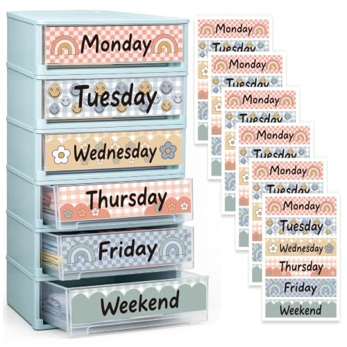 36 Pcs Days of The Week Stickers for Drawers, Large Monday to Friday with Weekend Labels Waterproof Checkered Weekly Organizer Decals for Kids Classroom Rolling Cart Back to School - color: Checkered