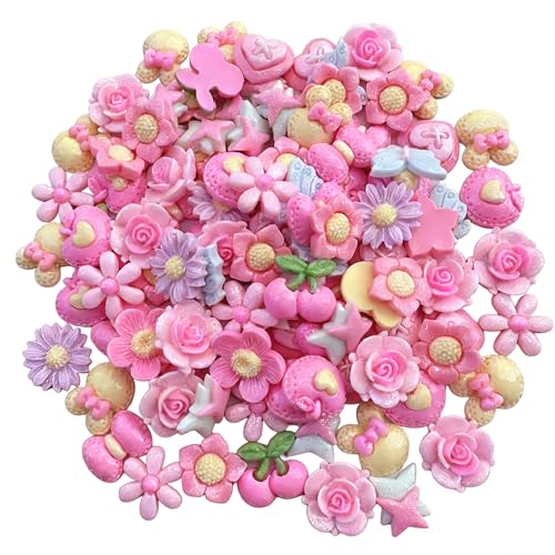 100Pcs Shimmery Pink Solid Resin Charms for Slime - Flatback DIY Cream Glue Accessories, Kawaii Embellishments for Phone Case Decor, Scrapbooking, Jewelry Making, Hair Clips - Random Mixed Styles - color: Pink