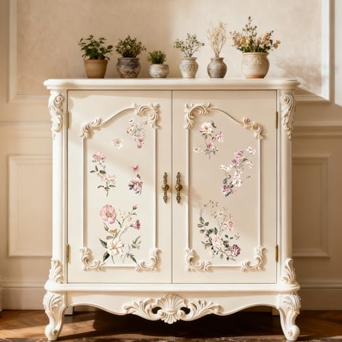 Floral Rub On Transfers for Crafts, 3pcs Flowers and Branches Transfers UV DTF Stickers Waterproof Decals Furniture for Wardrobe DIY Home Door - color: Royal Rose