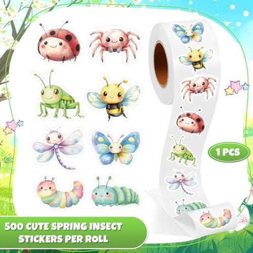 Qeeenar 500 Pcs Bug Stickers Roll, Cute Insect Reward Decals for Kids | Butterfly Bee Ladybug Dragonfly Designs, Spring Classroom Rewards Party Favors, Teacher Incentives Animals Theme - style: Insect