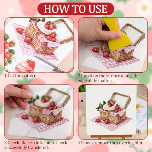 WANDIC 3 Sheets Rub on Transfer Stickers, Strawberry Idyllic Waterproof Transfer Decals Picnic Fruit Stickers for Crafts Furniture DIY Crafts Decoration,15 * 30cm - color: Strawberry