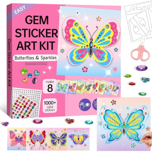 Butterfly Gem Sticker Art Kit for Girls Ages 3-8, Diamond Art Kit for Kids | 8 Pack Gem Art Kit, 1000+ Gems, Easy DIY Arts and Crafts with Display Stand, Party Favor, Birthday Gift for Girls - color: Pink-Butterfly