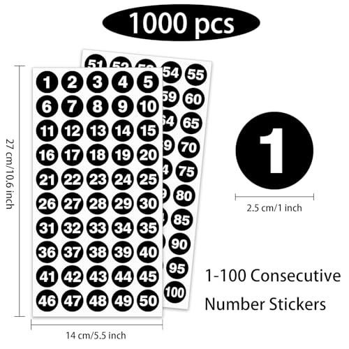 1 Inch Number Sticker, Waterproof Round Consecutive Number Stickers 1-100,Black Small Vinyl Decals for Office, Classroom, Storage, Inventory, Indoor, Outdoor - color: Black&white, size: 1 inch