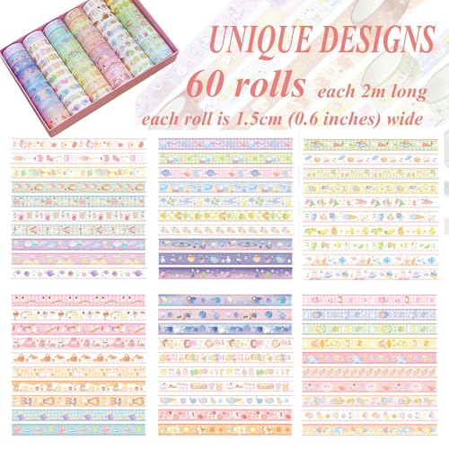 60 Rolls Washi Tape Set, Cute Pattern Washi Stickers, 15mm Wide for Junk Journal Scrapbook Tape, Bullet Journaling Scrapbooking Supplies, Planner Sticker DIY Craft DéCor - color: 60 Rolls Cute Washi Tape-B