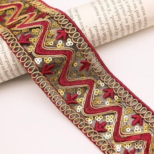 2 Inch Red Gold Embroidery Ribbon Sequin Bead Metallic Vintage Embroidered Ribbons Jacquard Woven Fabric Applique Trim Tape for Sewing Making Craft Gift Wrapping Wedding Christmas Decor - color: Red,gloden