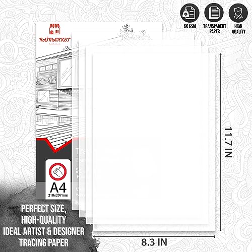Raimarket Tracing Paper for Drawing 100 Sheets, 8.3"x11.7" 60gsm Transparent Paper, Translucent Vellum Trace Paper for Sketching, Preliminary Drawing, Overlays, Sewing Patterns, Architectural Drafting - color: White_Paper