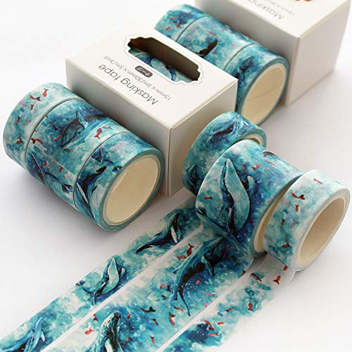 YUBBAEX Cute Printed Washi Tape 3 Rolls Japanese-Style Masking Tape Set Decorative for Arts, DIY Crafts, Journal Supplies, Planners, Scrapbook, Card/Gift Wrapping (Mythical Fish (Wide)) - color: Mythical Fish (Wide)