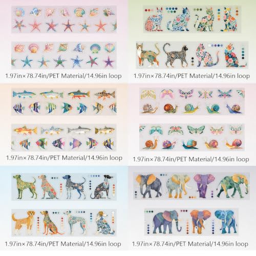 PET Tape Stickers for Scrapbooking Supplies,Animals Tape Stickers for DIY | PET,Scrapbook Stickers,6Rolls,Animals,Elephants,Cats,Journal Stickers for Journaling,Junk Journal Supplies,Planer - color: Sky
