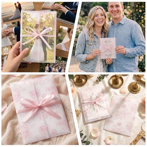 100 Pcs Pre Folded Floral Vellum Jackets for 5x7 Invitations, Wedding Translucent Vellum Paper with Ribbon, Envelope Liners for Wedding Bridal Baby Shower Birthday Mother Event(Pink) - color: Pink