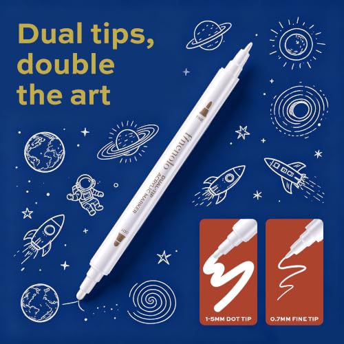 finenolo 8 Pack White Acrylic Paint Markers, Dual Tip Paint Pens with Dot & Fine Tips for Rock, Wood, Glass, Fabric, Plastic, Ceramic, DIY Crafts, Art Supplies