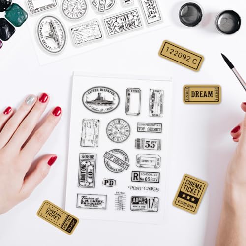 INFUNLY 2 Set Vintage Tickets Clear Stamps and Dies Airplane Receipts Stamp and Die Cuts Retro Stamps Labels Silicone Stamp Borders Embossing Template for Card Making DIY Scrapbooking Album Decor - style: Tickets
