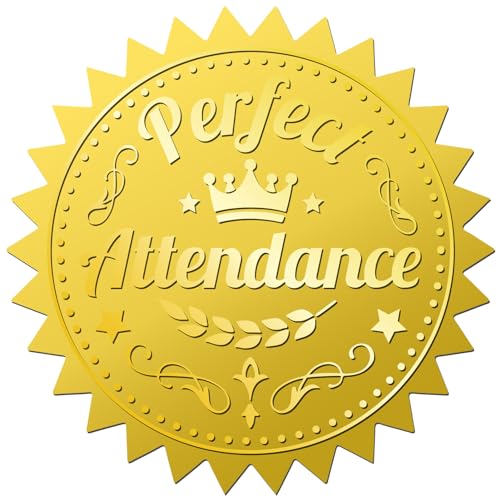CRASPIRE Perfect Attendance 408Pcs Gold Foil Embossed Stickers 2" Self Adhesive Envelopes Seals Sticker Round Labels for Wedding Invitation Medal Graduation Certificates Diplomas Gift Wrapping Decor - style: Perfect Attendance