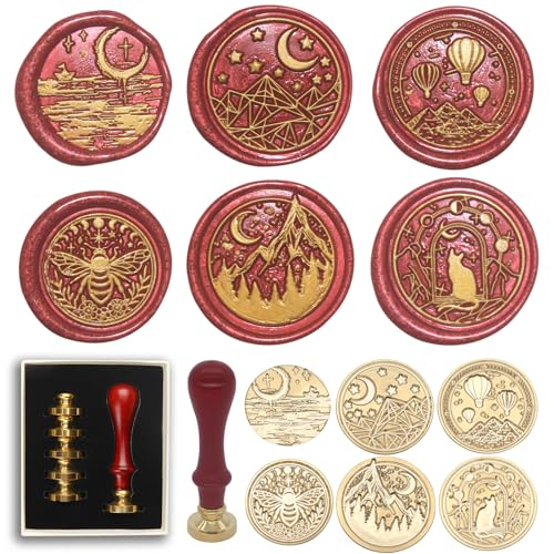 Wax Seal Stamp Kit, 6 Pcs Wax Seal Stamp Head 1 Wooden Hilt Letter Wax Seal Kit, Sealing Wax Stamp Seal Set Include Bee/Cat/Mountain/Sea/Moon Envelope Sealing Wax Stamps for Wedding Invitation - style: Moon Element Wax Seal Stamp Set