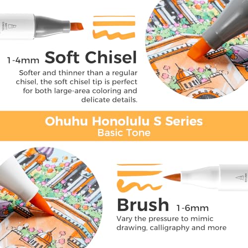 Ohuhu Alcohol Markers 48 Colors Brush& Soft Chisel for Adult Cozy Coloring - style: Brush& Soft Chisel