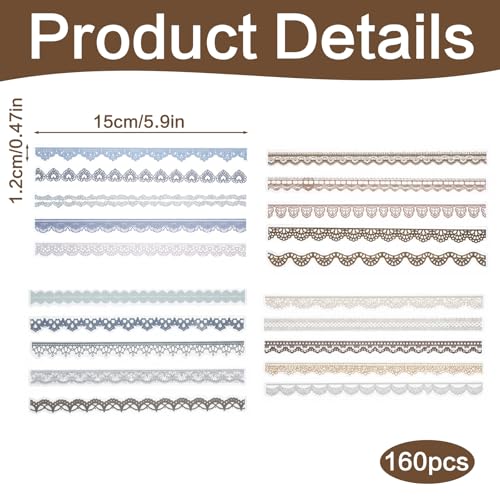 160 PCS Lace Stickers, Vintage Lace Scrapbook Stickers Pet Material Self Adhesive Border Sticker for Making Planner Photocards Scrapbooking Wedding Invitations Photo DIY Decor, Multicolor
