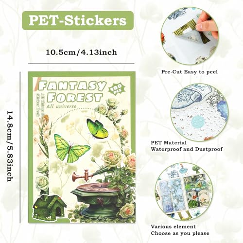 Vintage Scrapbook Stickers, 20 Sheet Vintage Flower Sticker for Scrapbooking, journaling DIY Crafts Laptops，Card Making, Ephemera Pre Cut（Green Fantast Forest） - style: Green Fantast Forest