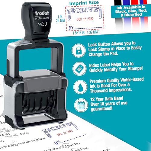 Trodat 5430 Professional Self-Inking Date Stamp with Scanned - Black Ink - color: Black, size: SCANNED