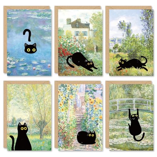 AnyDesign 24 Pcs Monet Black Cat Painting Greeting Cards Blank Note Cards 6 Style Famous Oil Painting Blank Note Card with Envelope Stickers for Spring Birthday Party Invitations, 4 x 6 Inch