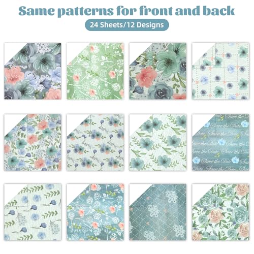 24 Sheets Blue Floral Pattern Scrapbook Paper, 11.8x11.8 Inch Double-Sided Print Decorative Craft Paper, Watercolor Flower Scrapbook Specialty Papers for Card Making Photo Album Decor - color: WW007FGSCLMG