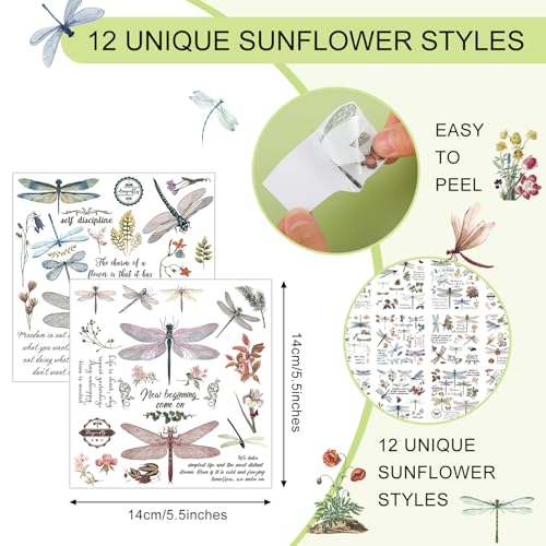 BBTO 12 Sheets Rub on Transfers for Crafts Wood Furniture DIY, 5.5" x 5.7" | Summer Dragonfly Designs, Rub on Transfer for Crafting, Flower Sticker Decals on Paper Home Decor, Easy Application - style: Dragonfly