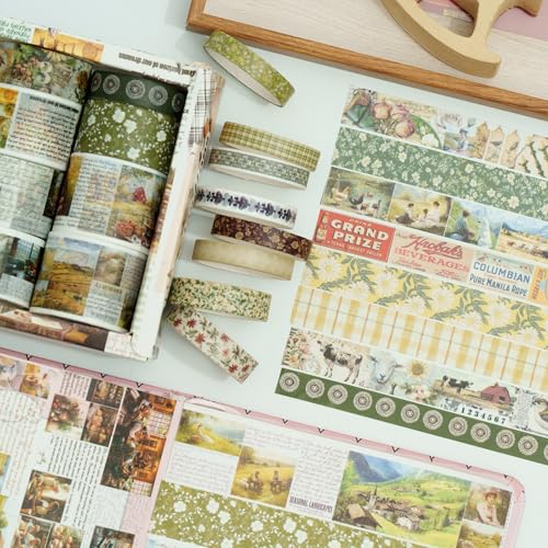 Vintage Washi Tape Set - 24 Rolls Arts Adhesive Tapes Assorted Retro Decorative Masking Tape Sets for Craft, Kids, Scrapbook, DIY, Gift Wrapping (10-Countryside Charm) - color: 10-Countryside Charm