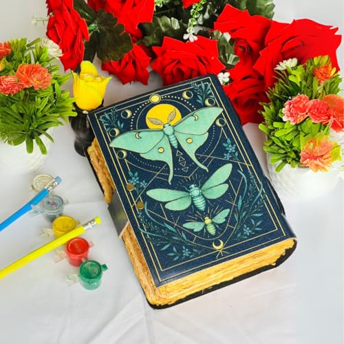 Blank Spell Book of Shadows Journal Vintage Luna Moth Leather Journal 400 with Lock Clasp Morpho Butterfly Print Bound Notebook Diary Prayer Pagan Witchcraft Supplies Wiccan Decor for Women & Men luna - color: Luna Moth