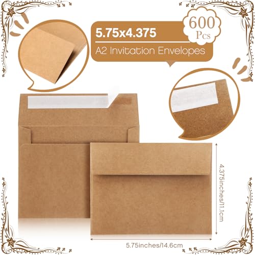 Fainne 600 Pack Kraft Envelopes for Invitation, 120 GSM,A2, 4.375 X 5.75 in | Brown Envelopes for Invitation, 120 GSM Gift Card for Office, Wedding, Gift, Party, Baby Shower, Mailings - size: A2,5.75 x 4.375"