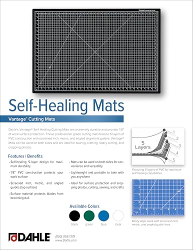 Dahle Vantage 10680 See-Through Premium Self-Healing Cutting Mat, 9"x12", 1/2" Grid, 5 Layers for Max Healing, Perfect for Crafts & Sewing, Clear - color: Clear, size: 12"L x 9"W