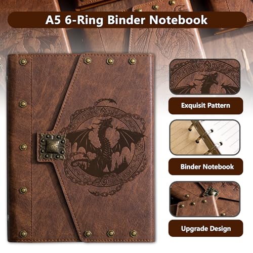 DUROTAN DND Notebook Vintage Dragon Journal with refillable paper | Unique A5 400 Pages For Dungeons and Dragons accessories for players Gift,Men or Women - color: s04-Brown-Retro Dragon