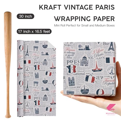 WRAPAHOLIC Kraft Vintage Paris Wrapping Paper Roll - Mini Roll - 17 Inch x 16.5 Feet - Retro French Travel Newspaper Wrapping Paper for Birthday, Wedding, Anniversary, Bridal Shower - color: Kraft Newspaper - French