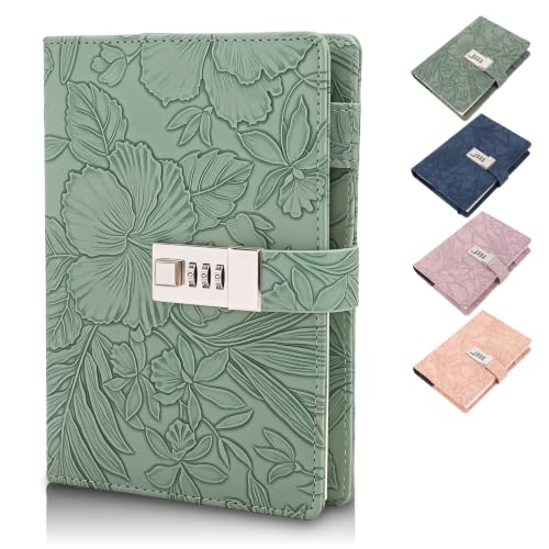 Diary with Lock for Women Girls, Vintage 3D Embossed Journal, 224 Pages & PU Leather & with Pen, Thickened Paper（Green）
