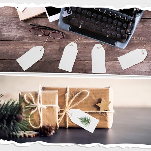 Feifeiya 50 Pack Handmade Vintage Deckle Edge Tag with String White | 3.75 x 1.75 In Blank Hang Gift Tags 160 Gsm Cotton Paper Name Card Labels for Thanksgiving Christmas DIY Arts Crafts - color: White