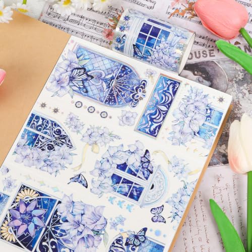 Sitsink PET Tape for Journal Scrapbooking - Gothic Window Purple Flowers PET Tape Stickers for Crafts Junk Journal Supplies Notebook Scrapbook DIY Decor Ornament - style: Purple Window Flower